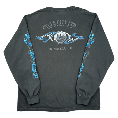 Vintage Harley Davidson Blue Flame Sleeve L/S Tee Black | Vintage Clothing Store Canada