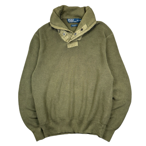 Vintage Polo Ralph Lauren Military Shawl Collar Knit Sweater Olive | Vintage Clothing Store Canada