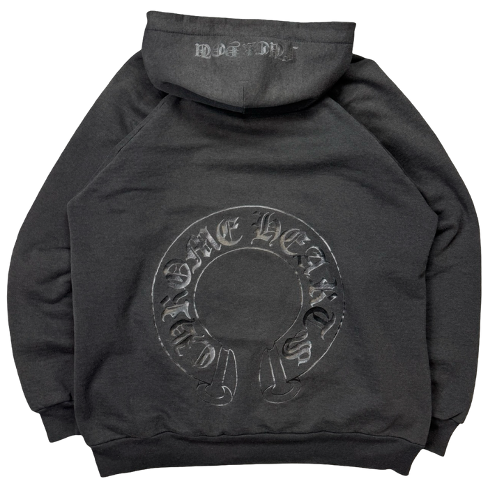 Vintage Faded Chrome Hearts Tonal Black Horseshoe Thermal Hoodie | Vitnage Clothing Store Canada