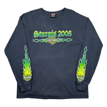 Vintage Harley Davidson Sturgis Green Flame Sleeve L/S Tee