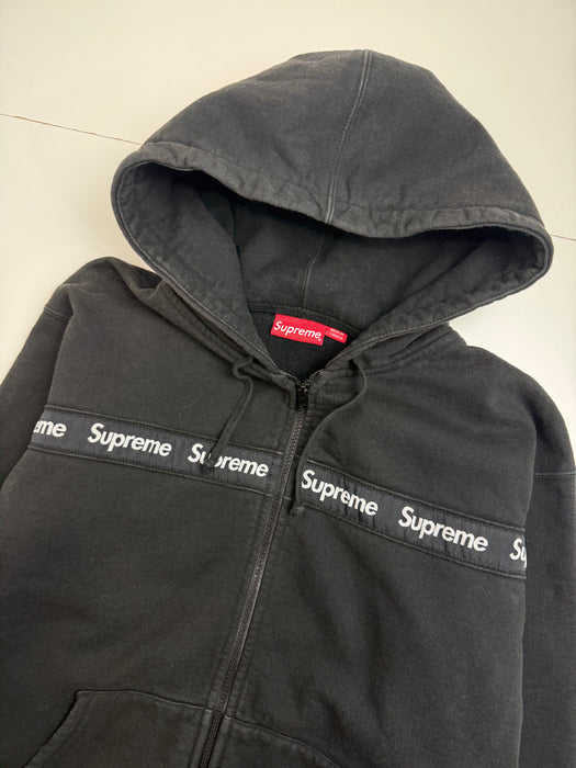 Supreme Text Stripe Zip Up Sweater Black (USED) | Vitnage Clothing Store Canada