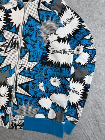 Stussy Vintage Comic AOP Zip Up Sweater White/Blue (USED)