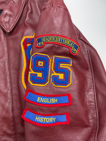 Vintage Queens University Leather Zip-Up Jacket Burgundy