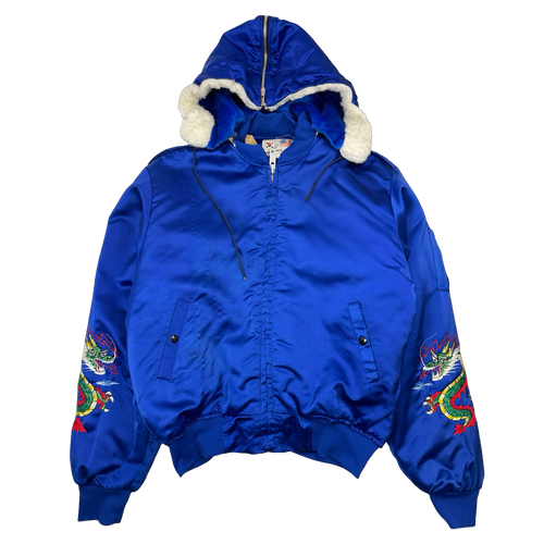 Vintage Korea Dragon Souvenir Satin Hooded Jacket Blue | Vintage Clothing Store Canada