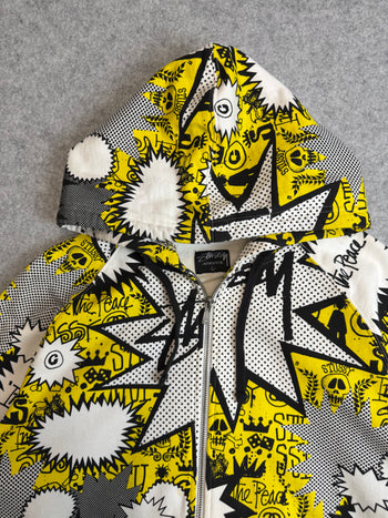 Stussy Vintage Comic AOP Zip Up Sweater White/Yellow (USED)