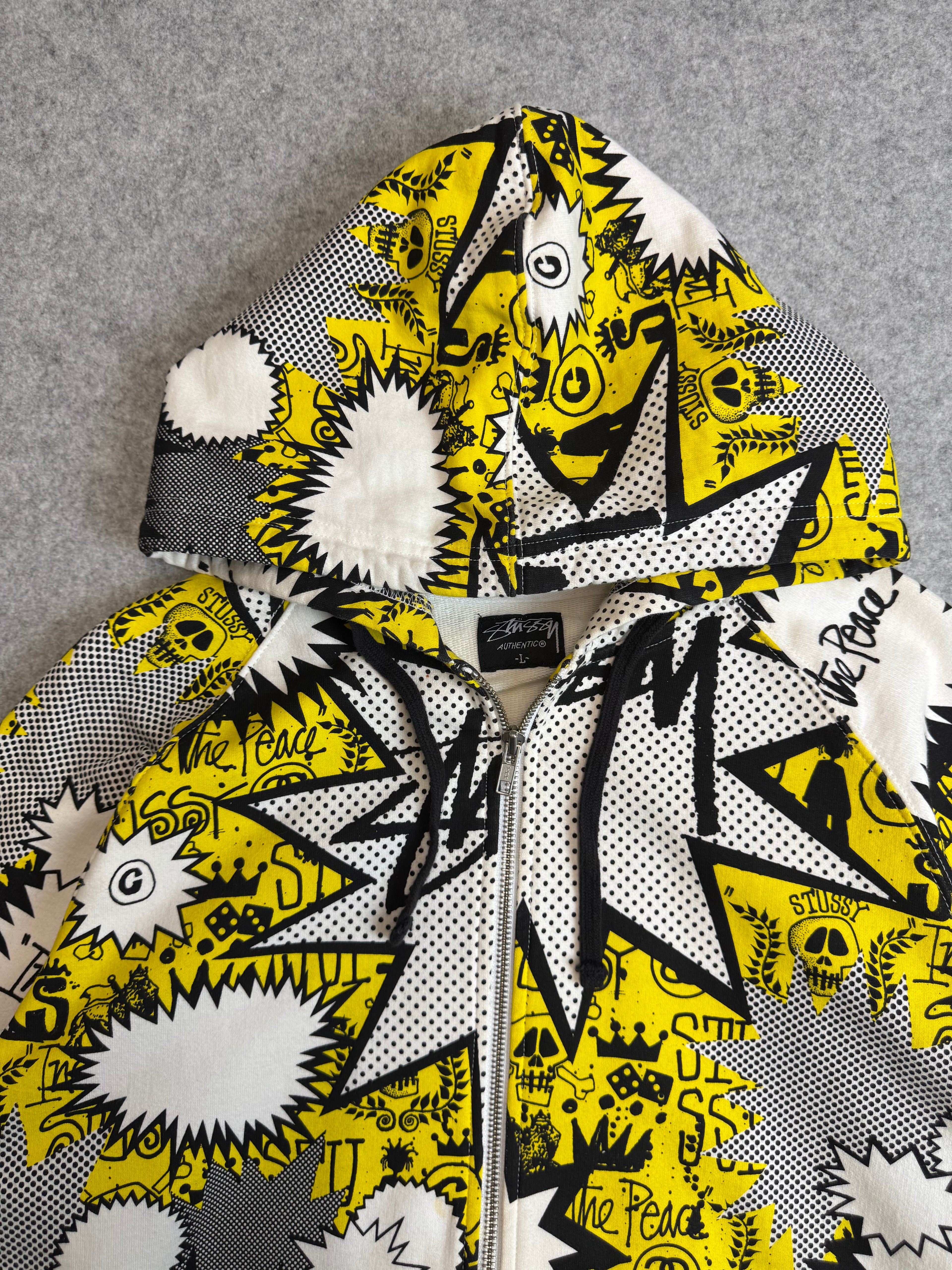Stussy Vintage Comic AOP Zip Up Sweater White/Yellow (USED)