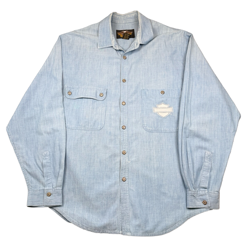 Vintage Harley Davidson Emblem Button Up Shirt Blue | Vintage Clothing Store Canada