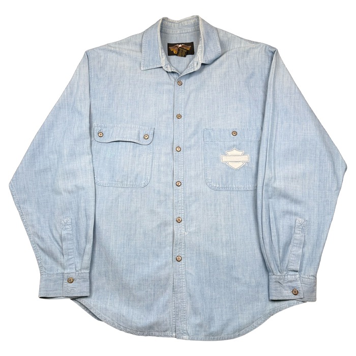 Vintage Harley Davidson Emblem Button Up Shirt Blue | Vitnage Clothing Store Canada
