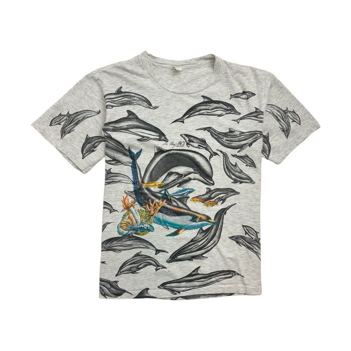 (S) Vintage 90s AOP Dolphins Tee Grey | Vitnage Clothing Store Canada