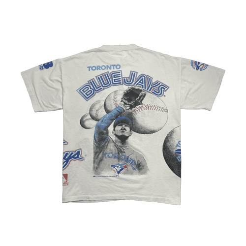 (L) Vintage '91 Bulletin Athletics Toronto Blue Jays AOP Tee White | Vintage Clothing Store Canada