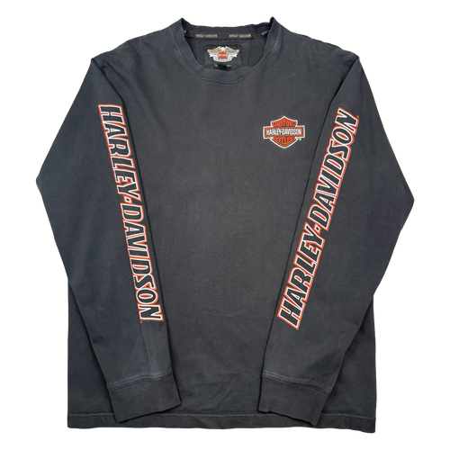 Harley Davidson Embroidered Emblem Sleeve Spell Out L/S Tee Black | Vintage Clothing Store Canada