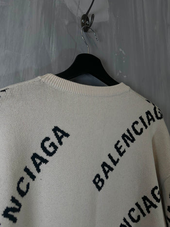 Balenciaga All-Over Logo Oversized Crewneck White (USED)