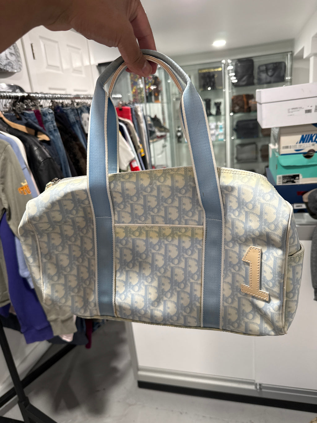 Women’s Christian Dior Trotter Canvas Boston Bag Light Blue