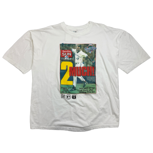Vintage 1993 Toronto Blue Jays 2Much Newspaper Tee White | Vintage Clothing Store Canada