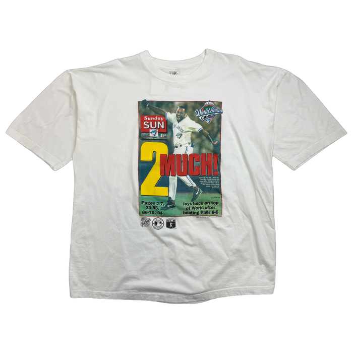 Vintage 1993 Toronto Blue Jays 2Much Newspaper Tee White | Vitnage Clothing Store Canada