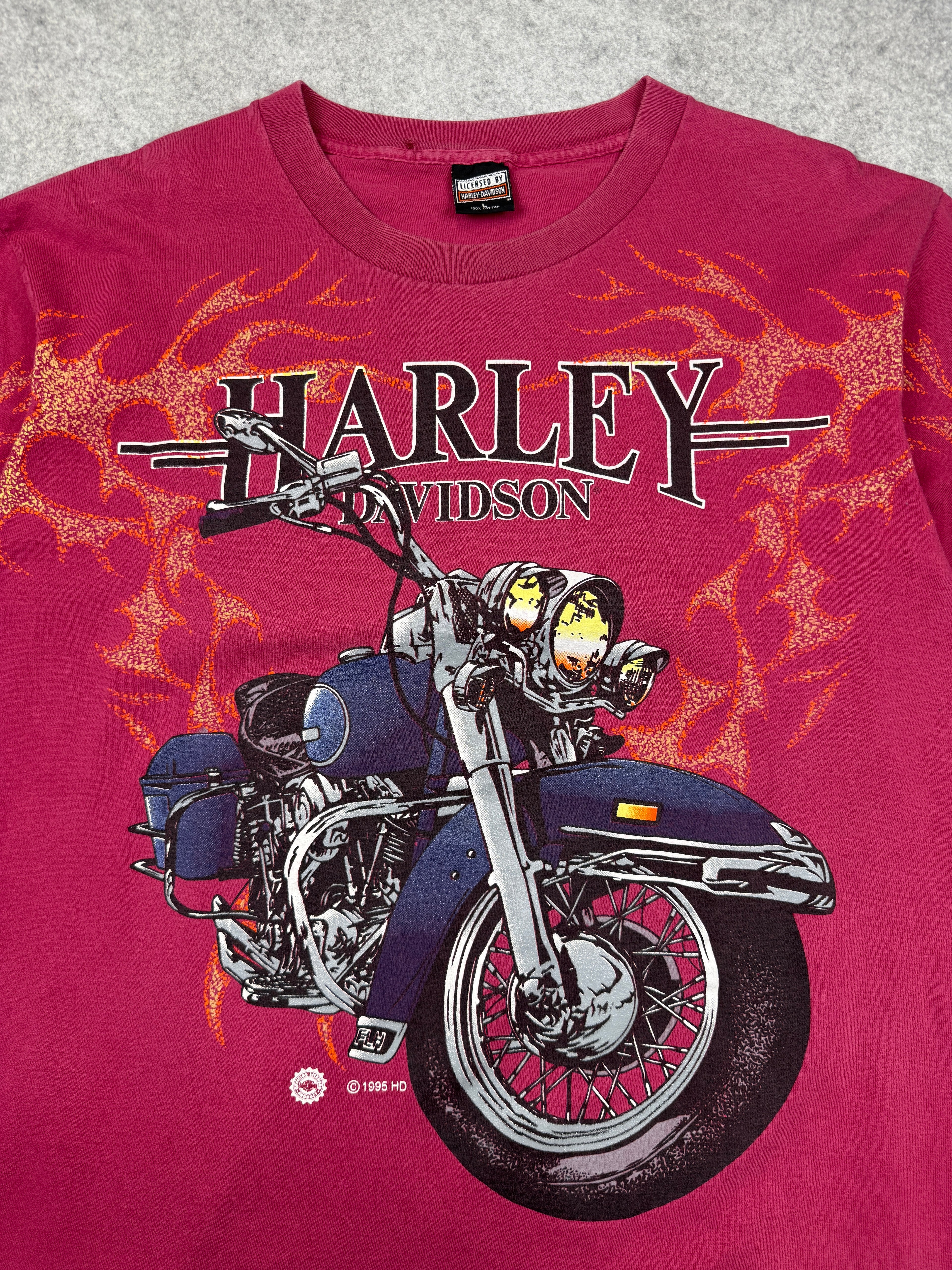 Vintage Harley Davidson Bike Flame Tee Magenta