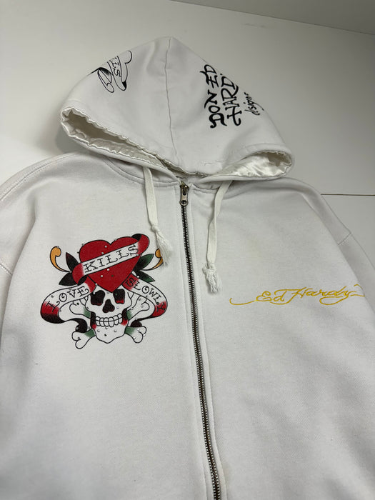 Vintage Y2K Ed Hardy Love Kills Slowly Rhinestone Hoodie White | Vitnage Clothing Store Canada