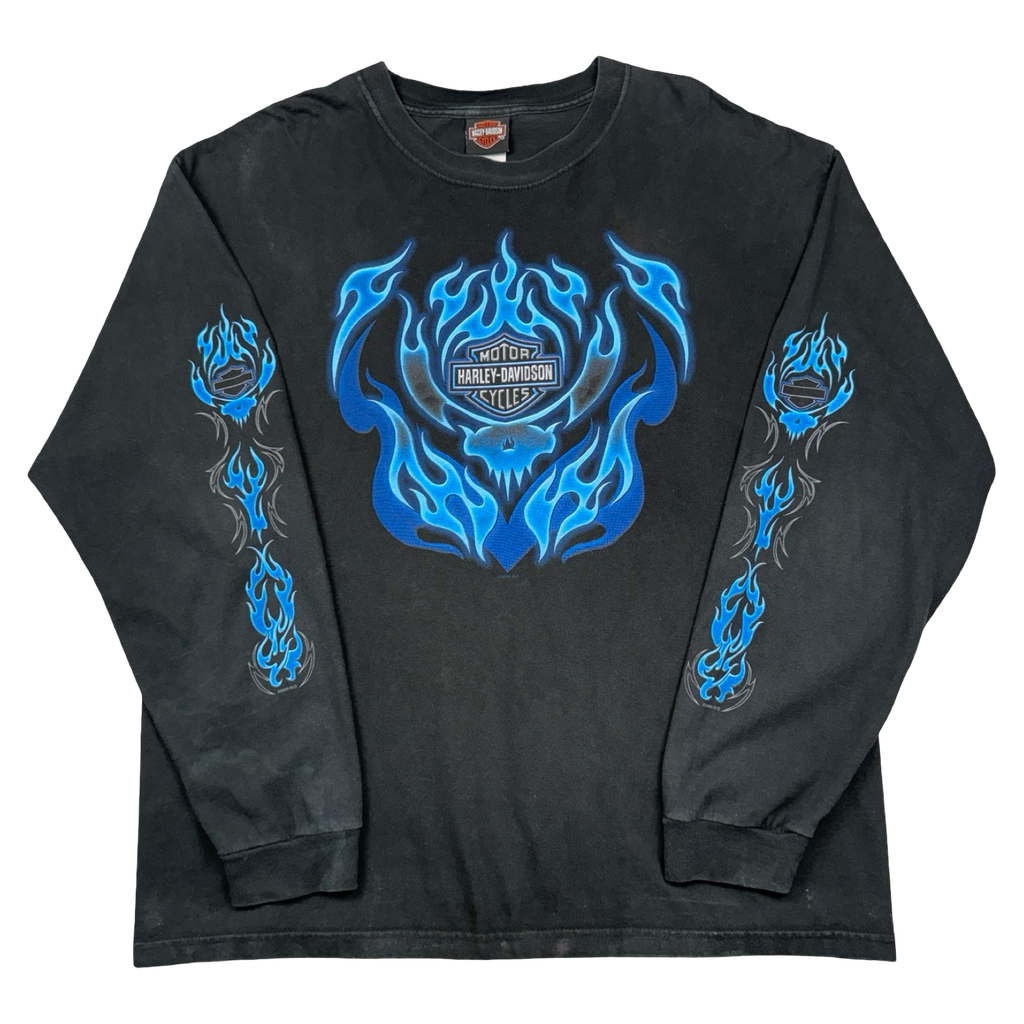 Vintage Harley Davidson Blue Flame Sleeve L/S Tee Black