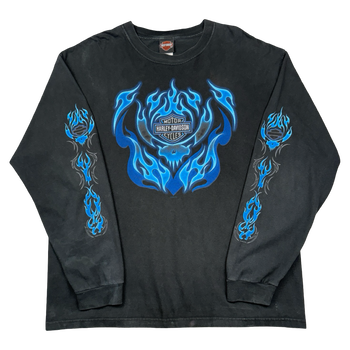 Vintage Harley Davidson Blue Flame Sleeve L/S Tee Black