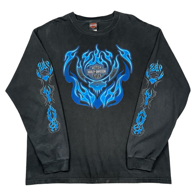 Vintage Harley Davidson Blue Flame Sleeve L/S Tee Black
