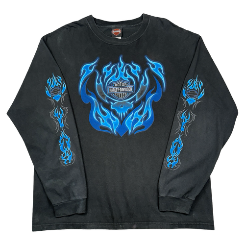 Vintage Harley Davidson Blue Flame Sleeve L/S Tee Black | Vintage Clothing Store Canada