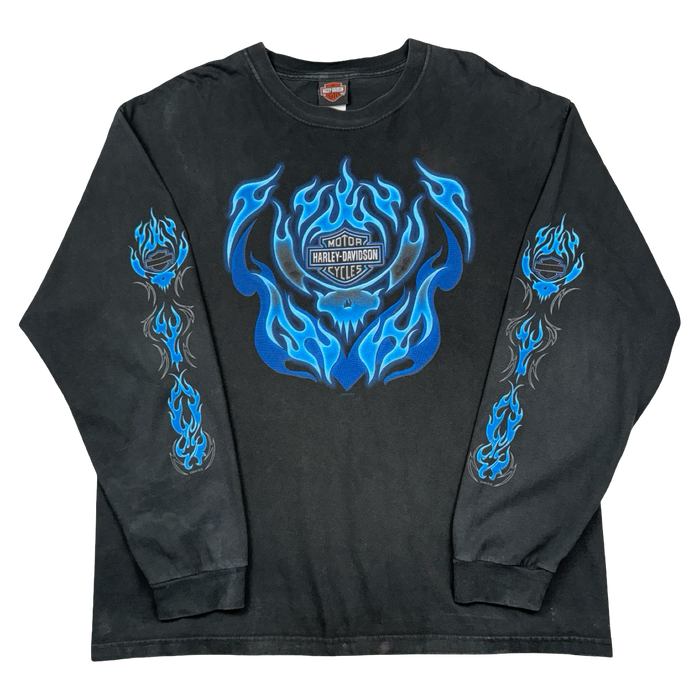 Vintage Harley Davidson Blue Flame Sleeve L/S Tee Black | Vitnage Clothing Store Canada
