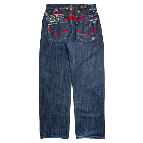 Johnny Blaze Embroidered Spell Out Denim Pants | Vintage Clothing Store Canada