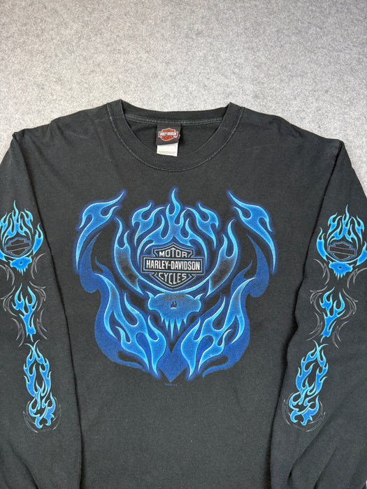 Vintage Harley Davidson Blue Flame Sleeve L/S Tee Black | Vitnage Clothing Store Canada