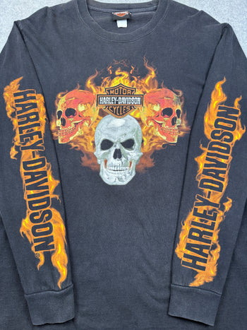 Vintage Harley Davidson Flame Sleeve Skulls L/S Tee Black