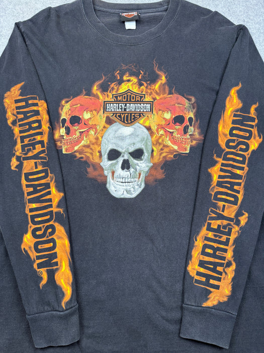 Vintage Harley Davidson Flame Sleeve Skulls L/S Tee Black | Vitnage Clothing Store Canada