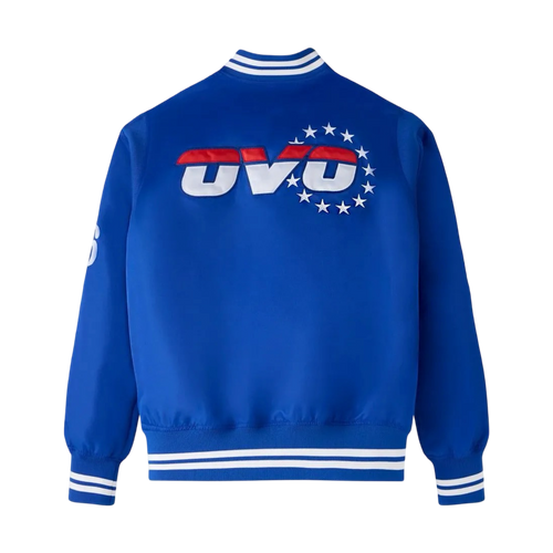 OVO Philadelphia 76ers Satin Varsity Jacket Blue | Vintage Clothing Store Canada