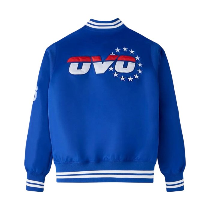 OVO Philadelphia 76ers Satin Varsity Jacket Blue | Vitnage Clothing Store Canada