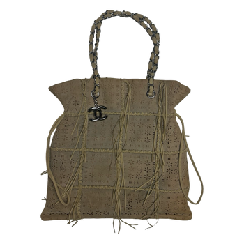 Chanel Suede Perforated Fringe Tote Bag Beige