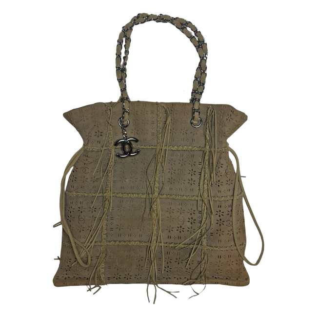 Chanel Suede Perforated Fringe Tote Bag Beige
