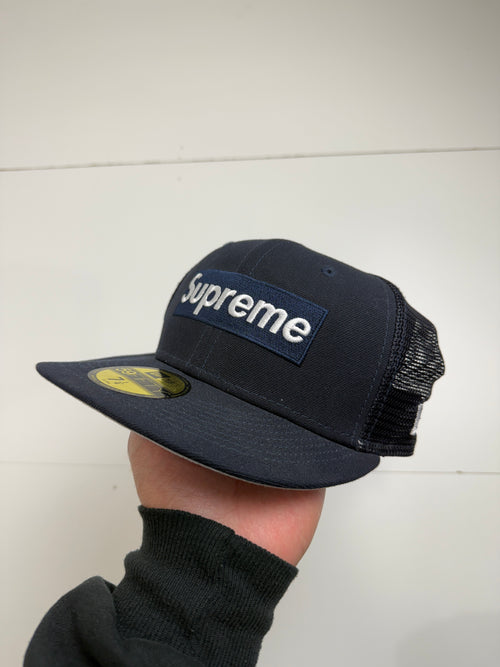 Supreme Box Logo Mash Back New Era Fitted Hat Navy (USED) | Vintage Clothing Store Canada