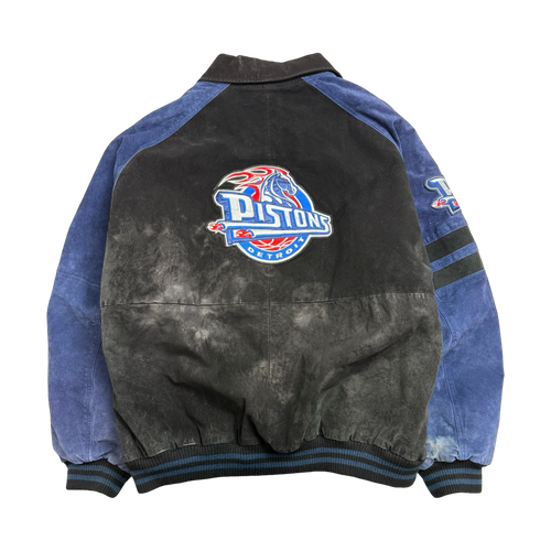 Vintage 90's G-III Carl Banks Detroit Pistons Suede Jacket Black/Navy | Vintage Clothing Store Canada