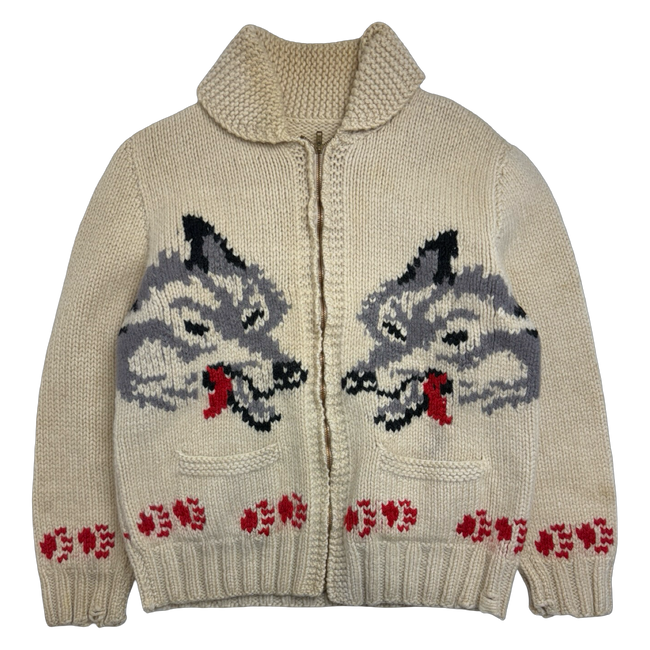 Vintage Cowichan Wolf Knitted Zip up Sweater