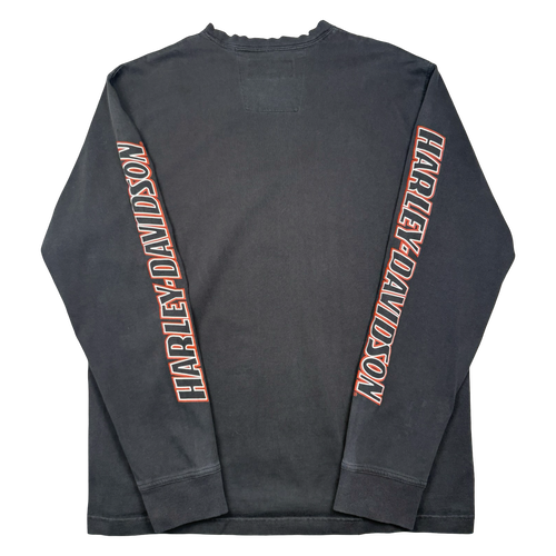 Harley Davidson Embroidered Emblem Sleeve Spell Out L/S Tee Black | Vintage Clothing Store Canada