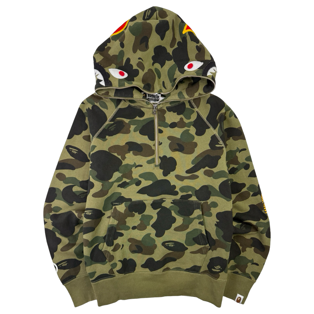 BAPE 1st Camo Ponr Shark Half Zip Up Hoodie Green (USED)