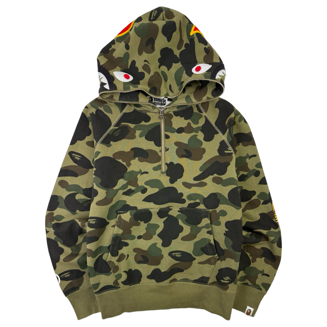 BAPE 1st Camo Ponr Shark Half Zip Up Hoodie Green (USED)