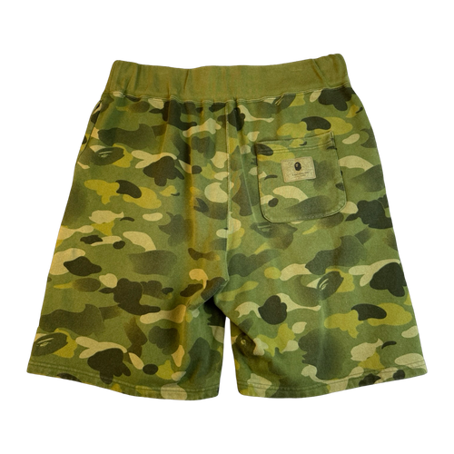BAPE Spellout Camo Sweatshorts Olive Green (USED) | Vintage Clothing Store Canada