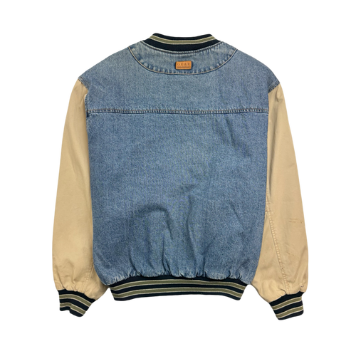 (L) Vintage Shutter Home Denim Varsity Jacket | Vintage Clothing Store Canada