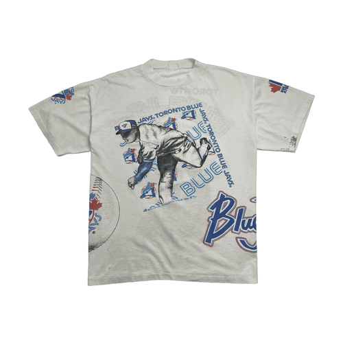 (L) Vintage '91 Bulletin Athletics Toronto Blue Jays AOP Tee White | Vintage Clothing Store Canada