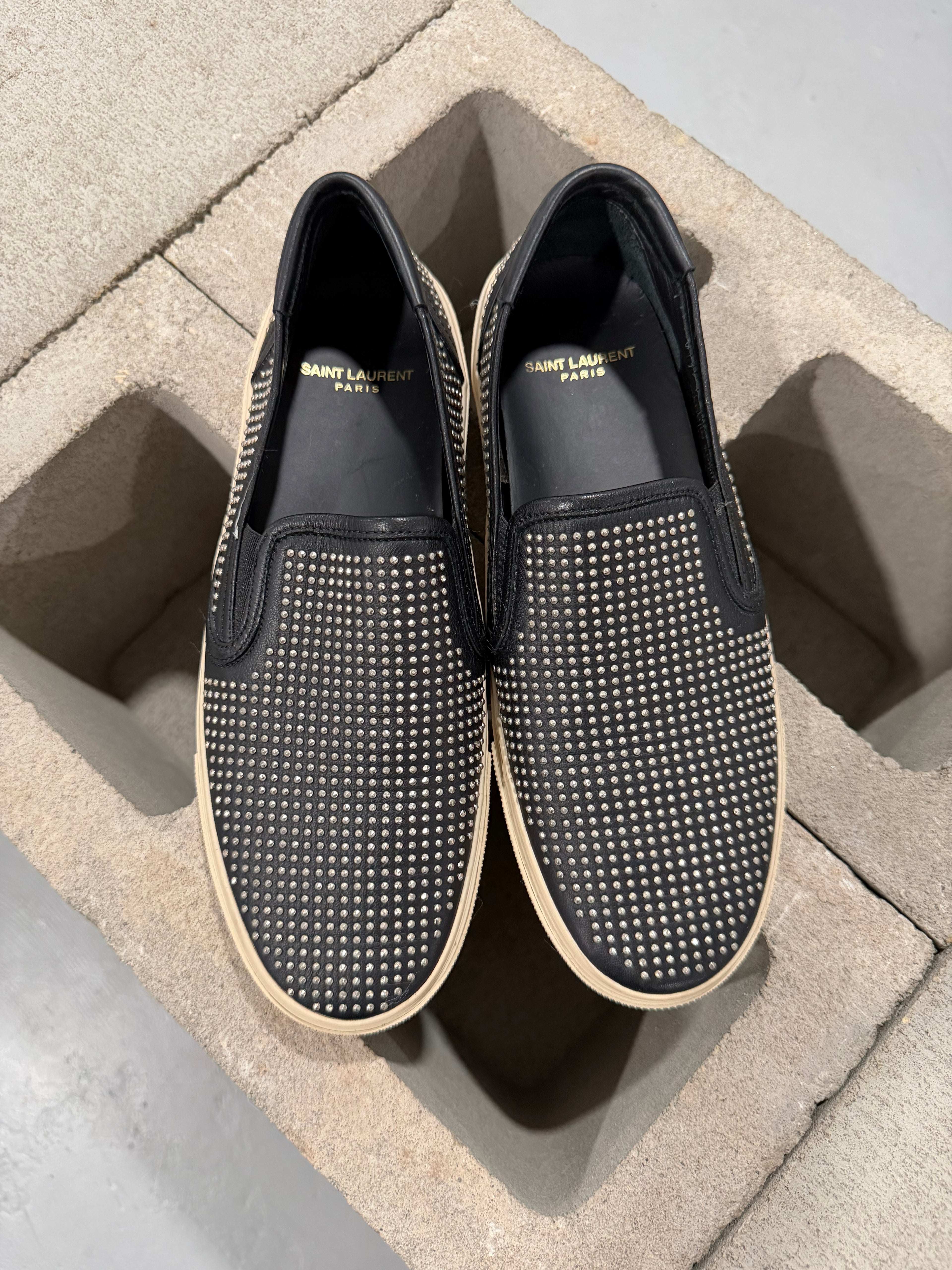 Saint Laurent Paris Micro Studded Leather Slip On Sneakers Black