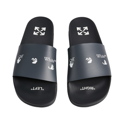 Off-White Blue Leather Logo Pool Slides | Vintage Clothing Store Canada