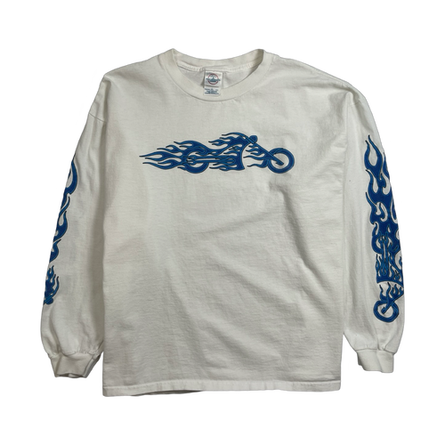 Vintage 2000s Biker Flame L/S Tee White/Blue | Vintage Clothing Store Canada