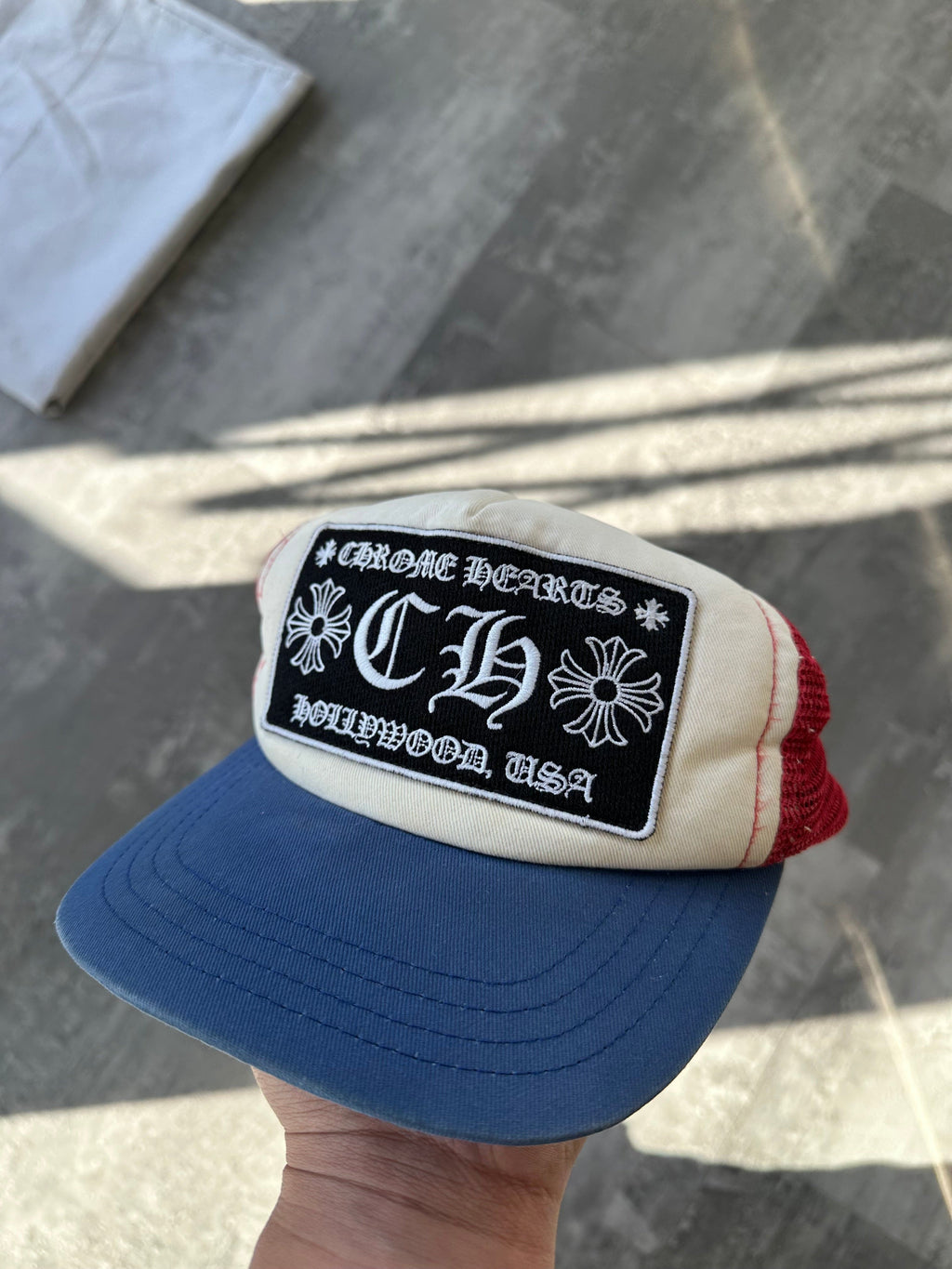Chrome Hearts CH Hollywood Trucker Hat White/Blue/Red