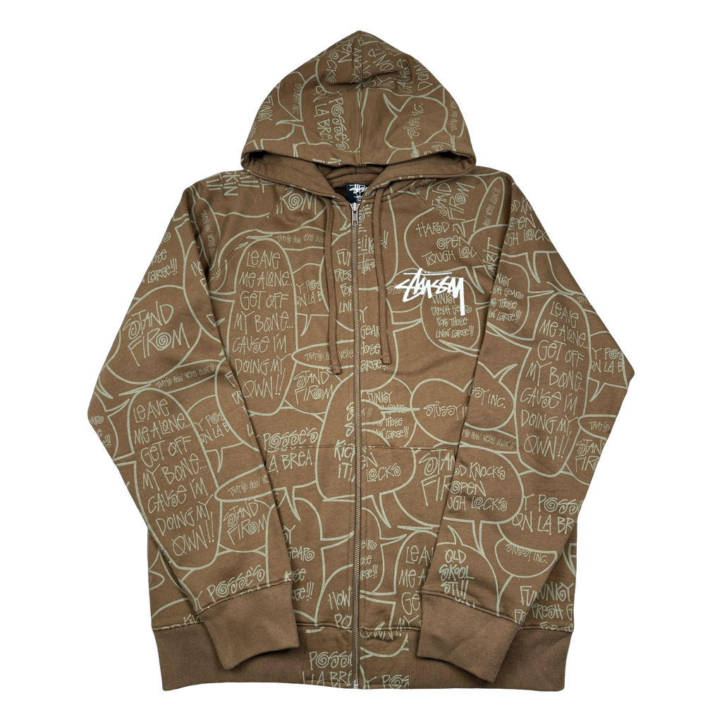 Vintage Stussy Pop Art AOP Zip Up Sweater Brown