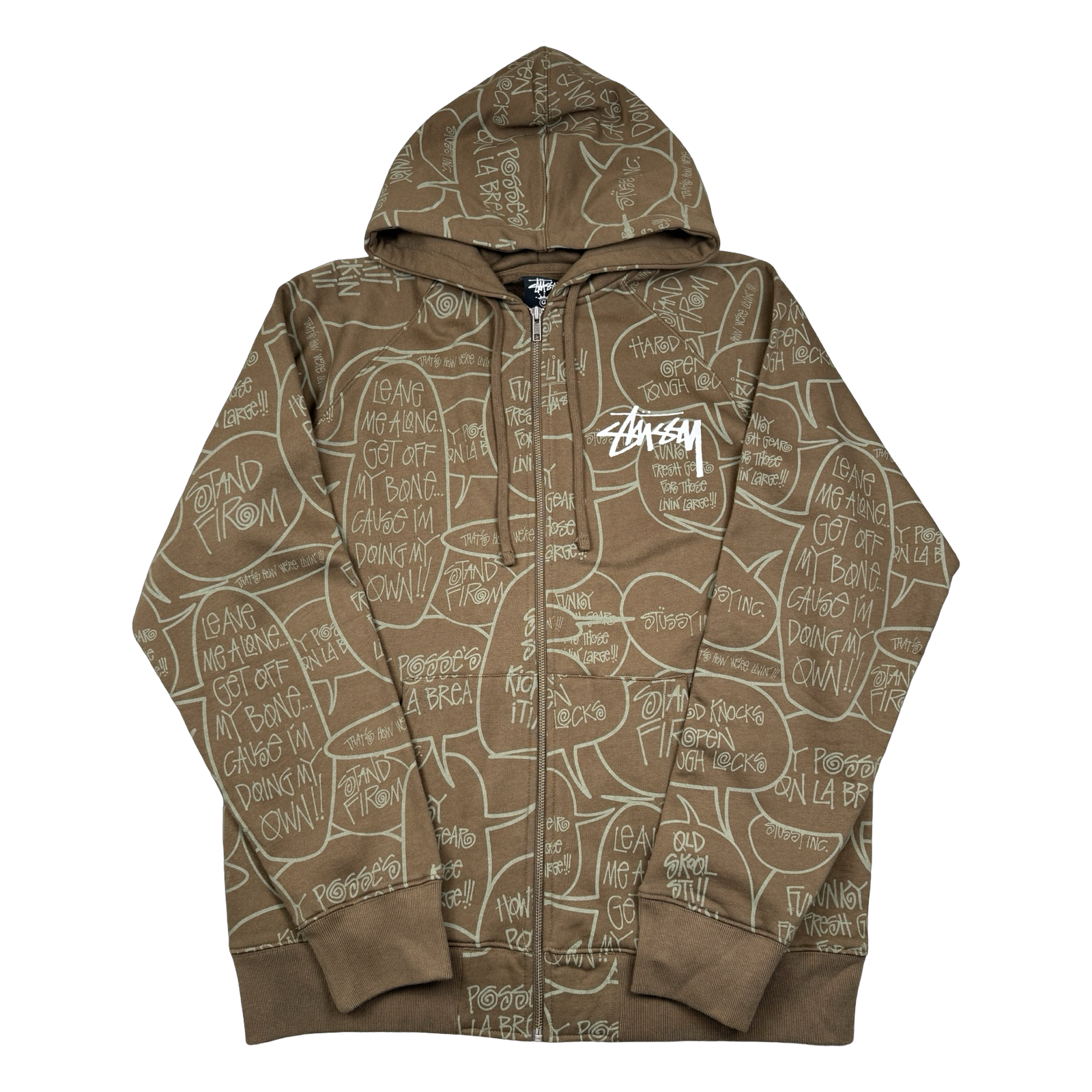 Vintage Stussy Pop Art AOP Zip Up Sweater Brown