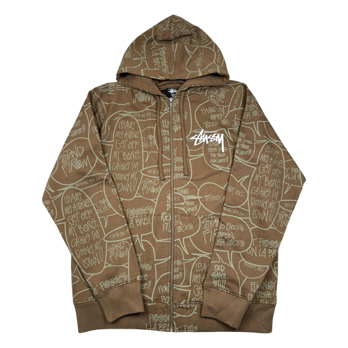 Vintage Stussy Pop Art AOP Zip Up Sweater Brown | Vintage Clothing Store Canada
